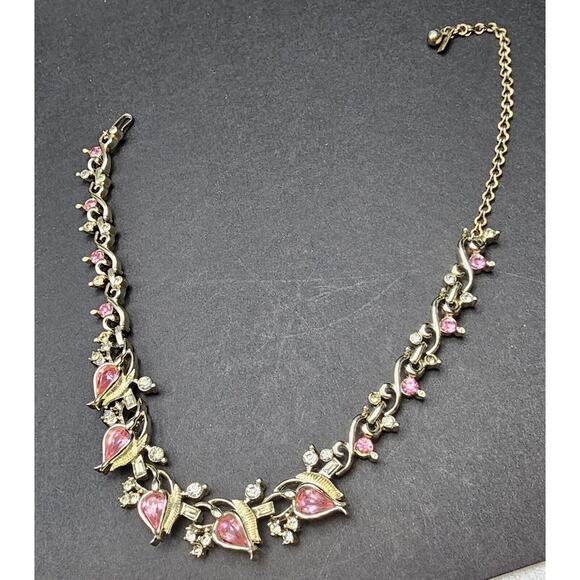 Vintage Signed Duane Choker Necklace Retro Pink And Clear Rhinestones - Picture 1 of 9